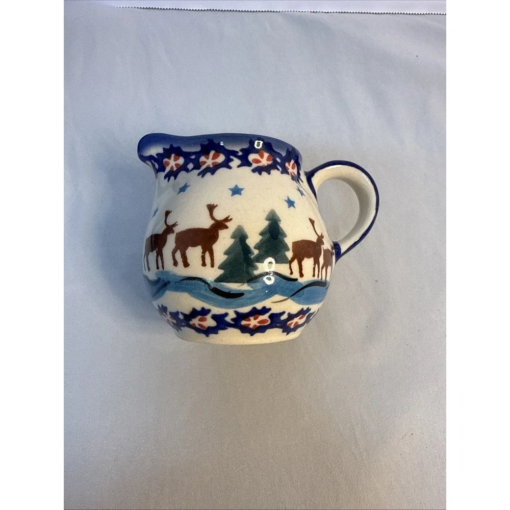 ANDAF Polish Pottery UNIKAT Creamer Pitcher Reindeer Winter Forest Christmas